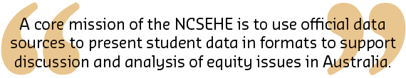 A core mission of the NCSEHE is to use official data sources to present student data in formats to support discussion and analysis of equity issues in Australia. 