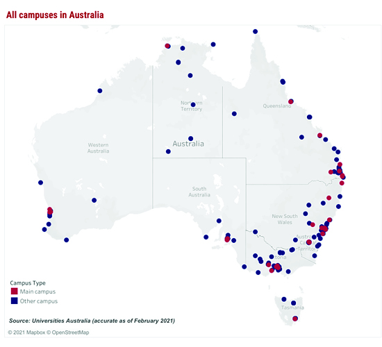 Map of university campuses in Australia