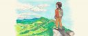 Illustration of a boy in a mountainous landscape