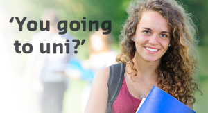 Image of a woman holding a folder with text: 'You going to uni?'