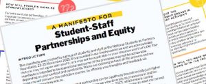 Image of overlaid pages of text with large heading 'A manifesto for student-staff partn...