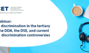 Web banner for ADCET Webinar: Disability discrimination in the tertiary sector - the DD...