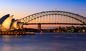 Sydney Harbour Bridge, Opera House and river.
